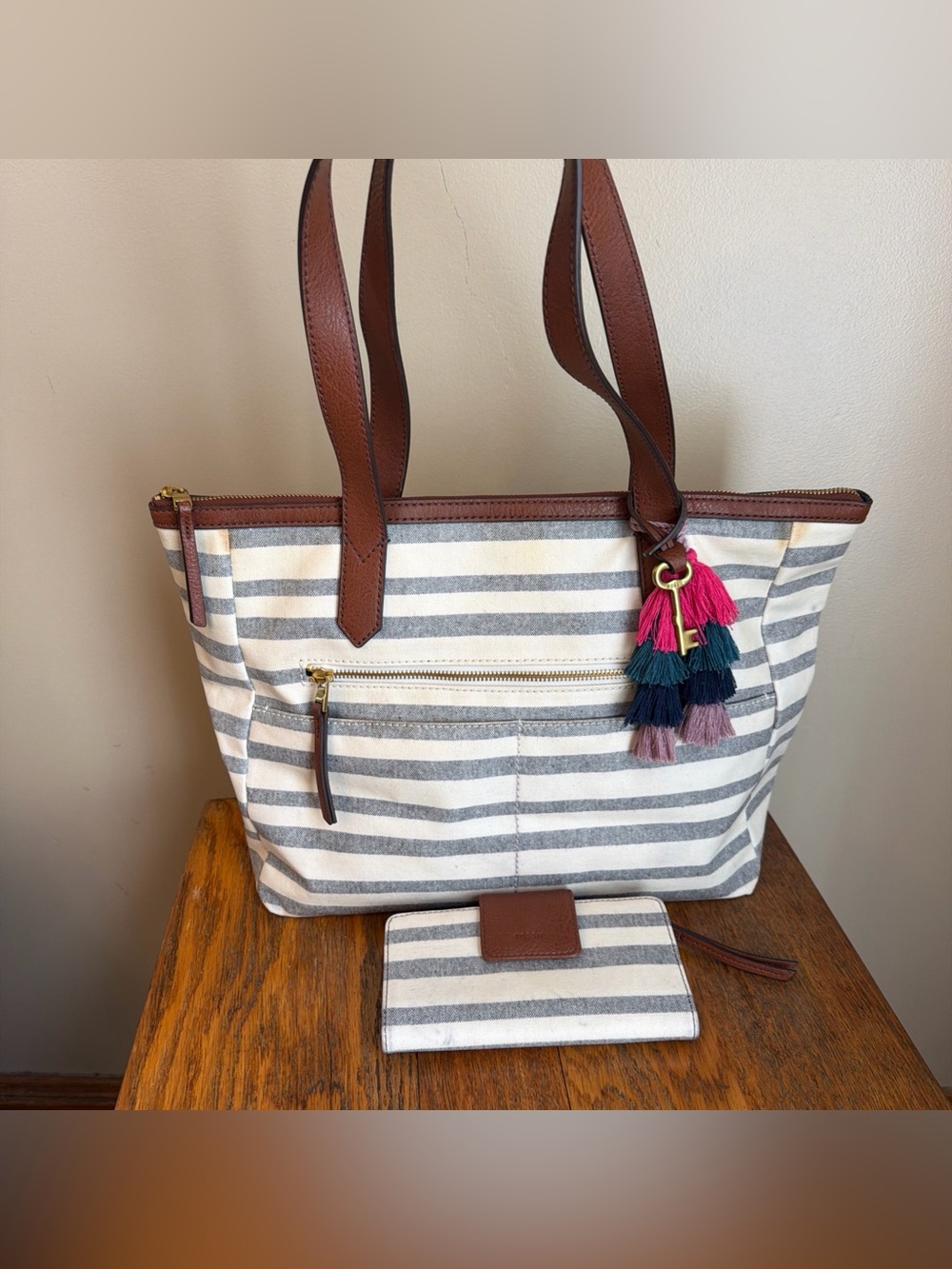 Fossil Fiona Shopper Tote Striped Coated Canvas Shoulder Bag Matching Wallet